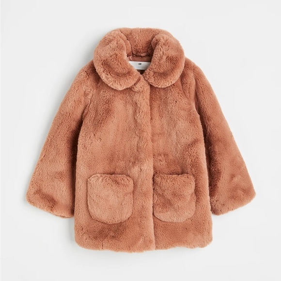 H&M Other - H&M Faux Fur Teddy Bear Coat with Collar Long Sleeve Girls Size 6-7 Dark Beige